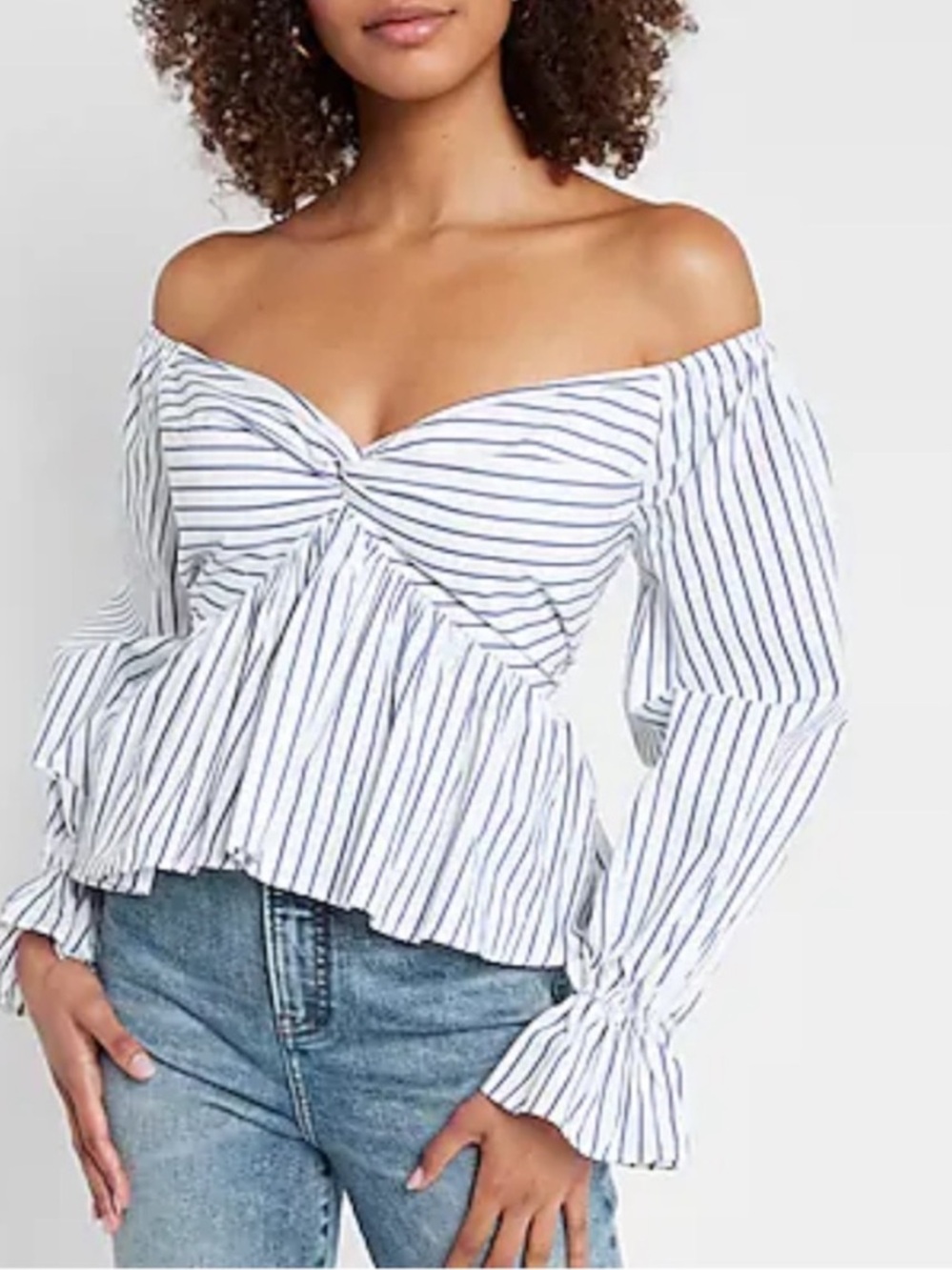 NWOT Express White and Blue Striped Off-Shoulder Puff Sleeve Peplum Blouse M
